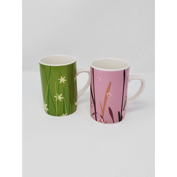 STARBUCKS SET OF TWO COFFEE MUGS 2004 MEADOW SERIES PINK AND GREEN HIS & HERS - Picture 1 of 11